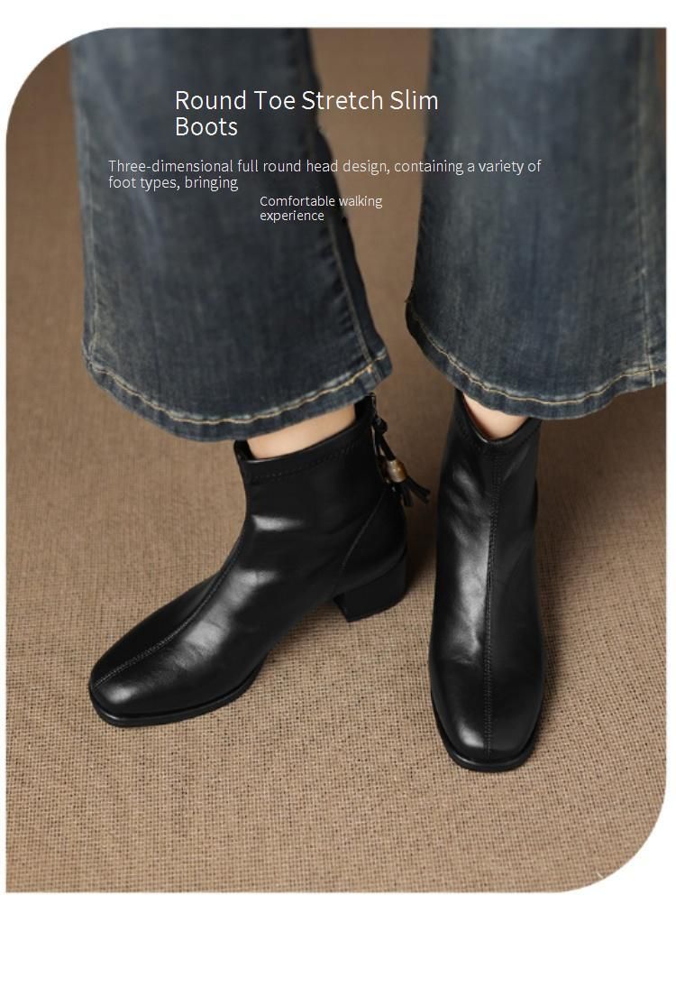 Cameido Women's Square Toe Chunky Heel Short Boots With Beads And Zipper Back Stylish Fashion Boots Medium Heel Slim Boots_voghion.com