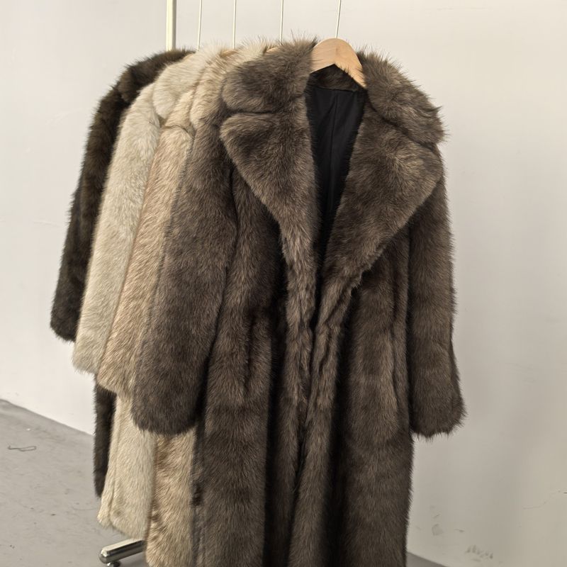 Damenbekleidung Hochwertiger Kunstpelz Umweltfreundlicher Damen Langer Kunstpelzmantel - Elegante Jacke Reverstaschen Individualisierbar_voghion.com