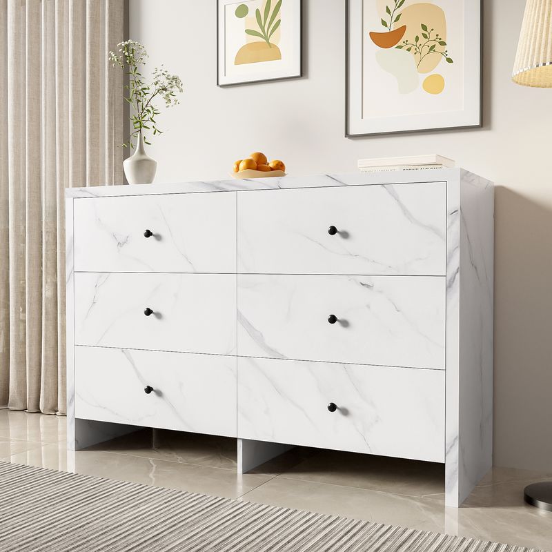 Buffet aspect marbre, 120 cm, 6 tiroirs, poignées en bois noir, sécurité anti-basculement - Meuble de rangement moderne pour la maison_voghion.com