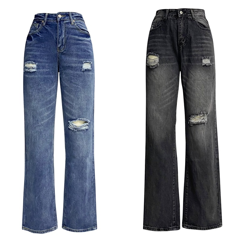 Women's Wash Ripped Loose Straight Jeans_voghion.com