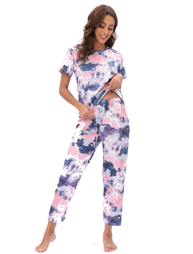 Heemkleeder Pyjama zweedeeleg Kuerzärmhosen Kostüm Quell Leopardendruck Tie-Dye_voghion.com