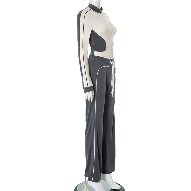 Abbigliamento da donna, linea autunno e inverno, pantaloni a vita alta con elastico in corda, senza colletto, con cerniera, in colori a contrasto_voghion.com
