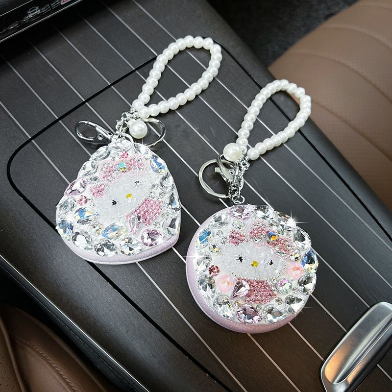 Llavero de cristal con forma de corazón y espejo plegable para maquillaje, con diseño de gato pequeño y diamante, ideal para bolso._voghion.com