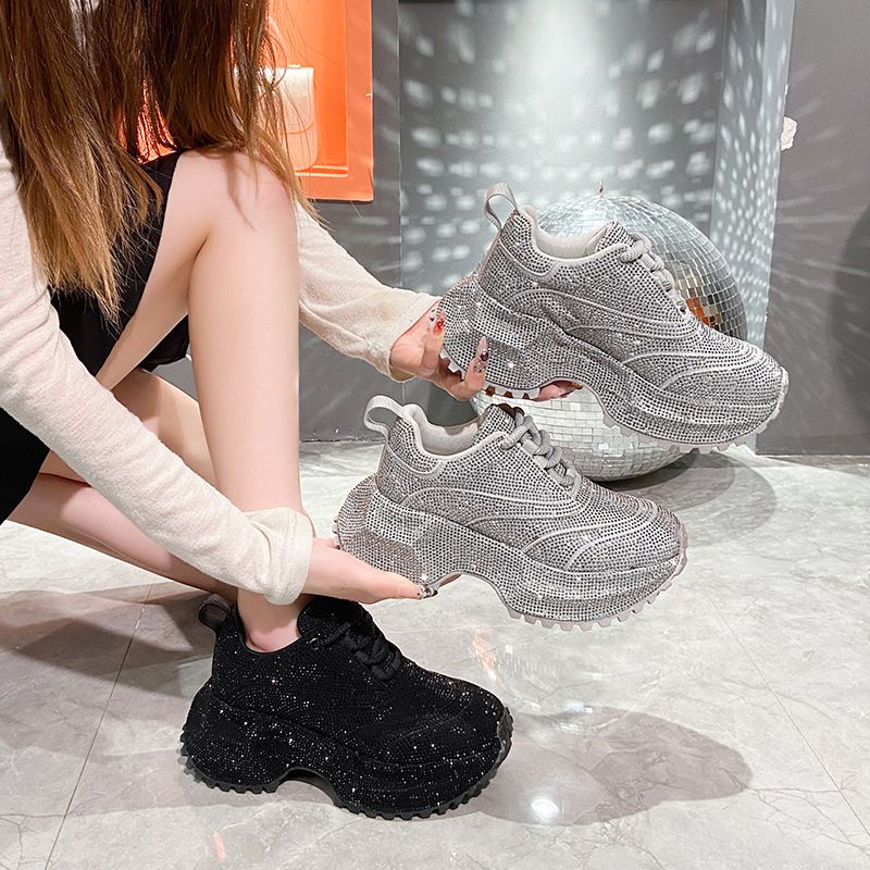 Modische Damen-Sneaker mit Strasssteinen – klobige Plateauschuhe für mehr Körpergröße, atmungsaktives Obermaterial aus PU, lässige und trendige Low-Top-Schnürschuhe_voghion.com