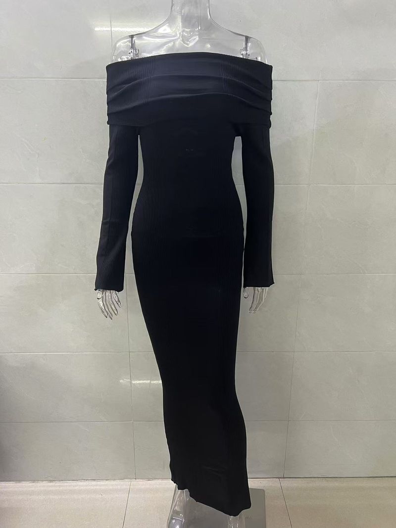 Robe longue élégante en tricot à épaules dénudées et volants, robe moulante à manches longues pour femme, en polyester extensible, tenue décontractée et de soirée_voghion.com