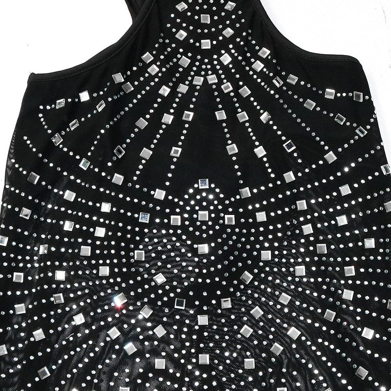 Tuta da donna sexy, in rete trasparente con strass, senza maniche e bretelle._voghion.com