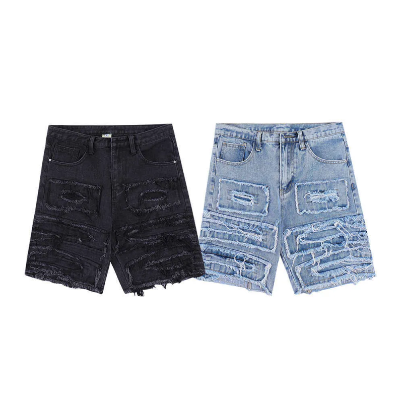 Herren Haruku Ripped Patchwork Hole Cut Lässige Sommer Jeans Shorts für Männer High Street Übergroße Baggy Denim Knielang_voghion.com