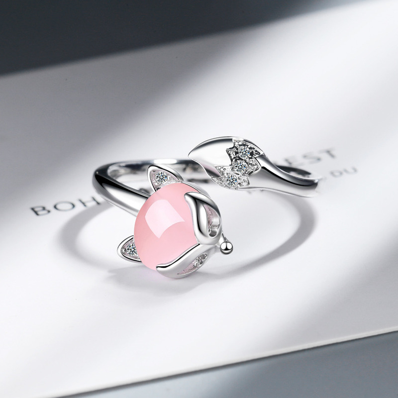 Lagervare Sterling Sier Rosaguld Nye Kvinde Modesmykker Høj Kvalitet Krystal Zirkon Agat Ræve Ring Åben Justerbar Ring Gave_voghion.com