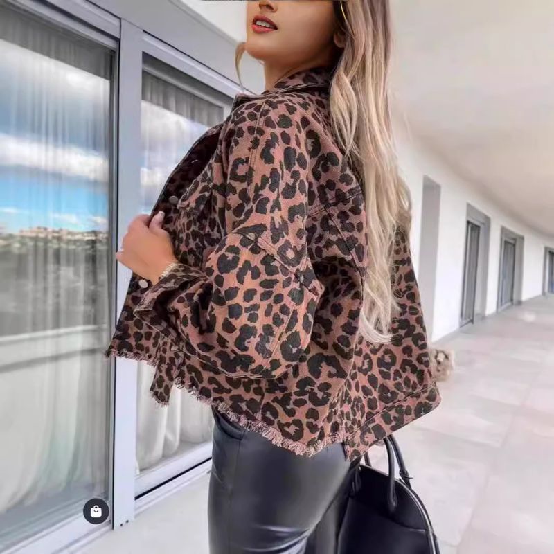 Dameskleding Mode Luipaardprint Spijkerjack - Relaxte pasvorm Korte mouwen Casual Blouse Voor Dagelijks Gebruik_voghion.com