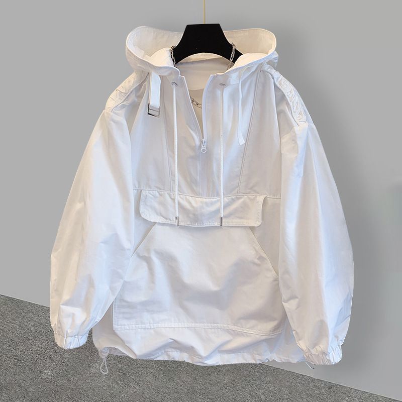 Giacca con cappuccio alla moda per uomo e donna, giacca da lavoro ampia e alla moda, giacca a vento dal design di nicchia_voghion.com