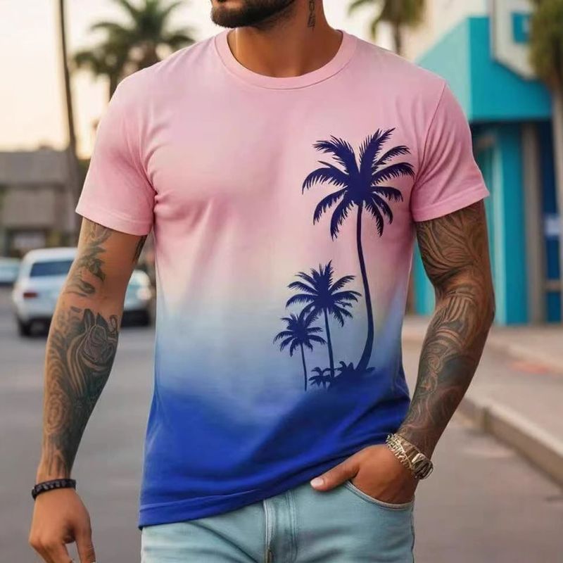 Grensoverschrijdende levering van Hawaiiaanse kokosnootboom-stijl korte mouwen T-shirt voor heren met kleurverloopprint strandstijl casual korte mouwen heren_voghion.com