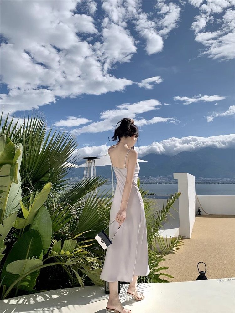 Summer New High-end Acetic Acid Swing Collar Camisole Dress With French Satin Glossy Drape Design_voghion.com