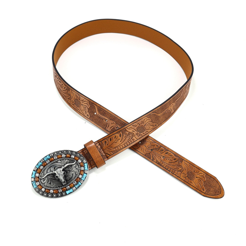 Western cowboy belt Cowhead big plate buckle trend Retro youth retro men's punk leather belt_voghion.com