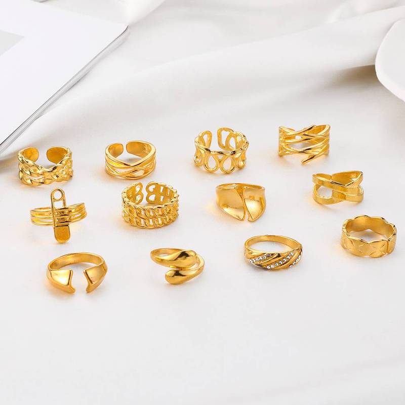 Set di 12 anelli impilabili per le dita da donna Anelli robusti Placcati in oro Collegamento intrecciato intrecciato Anelli aperti impilabili Anello per pollice spesso regolabile_voghion.com