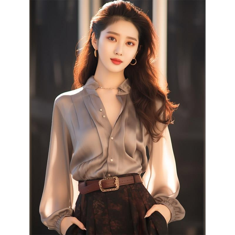 Women's Clothing Early Spring New High End Tops French Style Unique And Beautiful Age Reducing High End Gray Chiffon Shirt For Women_voghion.com