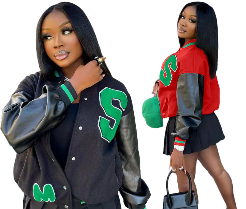 Ženska odjeća, debela vunena koža, šivanje, vez, stojeći ovratnik, bejzbol jakna_voghion.com