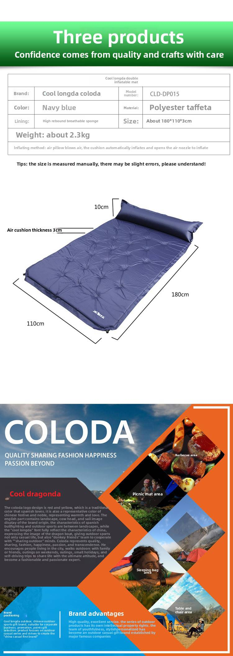 Colchão de ar duplo Coolonda para acampamento, colchão de dormir para duas pessoas, colchão para descanso da tarde CLD-PD015_voghion.com