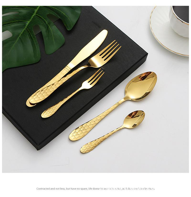 Titanium-Plated Stainless Steel Cutlery Set - Water Cube Design 4-Piece Hotel & Restaurant Grade Tableware In Gift Box_voghion.com