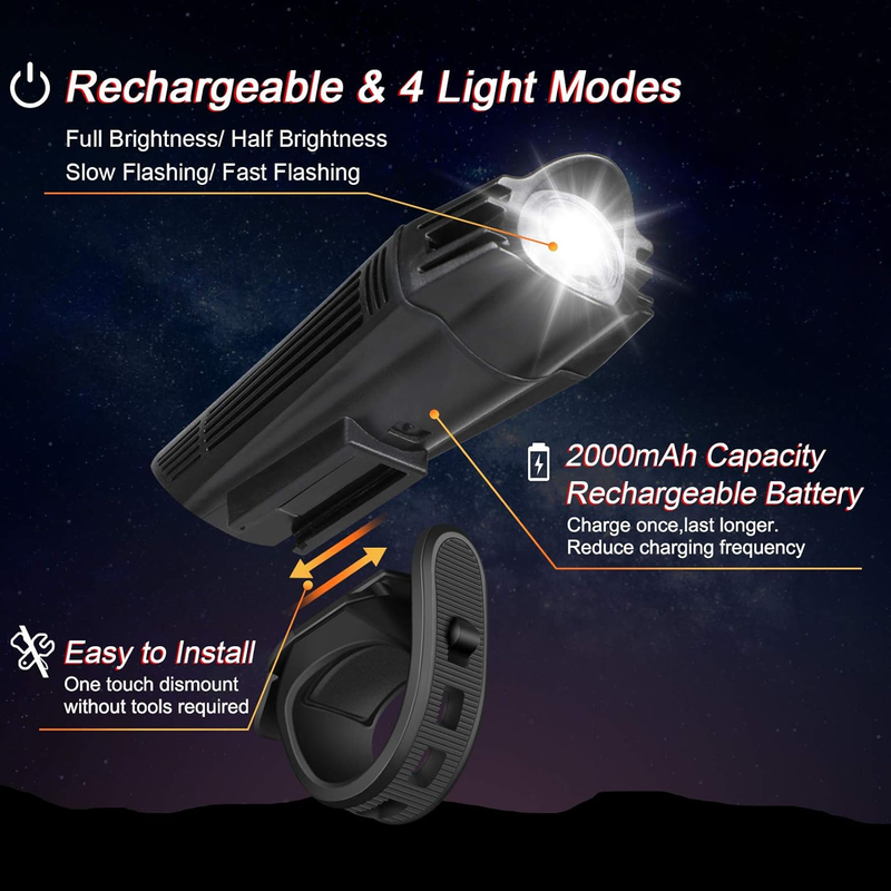 Set di luci per bicicletta ricaricabili tramite USB ultra luminose, potente fanale anteriore e posteriore, 4 modalità di illuminazione, facile da installare, nero_voghion.com