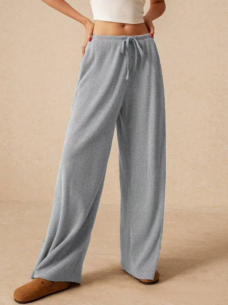 Kadınlar İçin Bağcıklı Bel Geniş Paça Günlük Pantolon - Yumuşak Polyester Kumaş, Günlük Giyim İçin Dökümlü ve Rahat_voghion.com