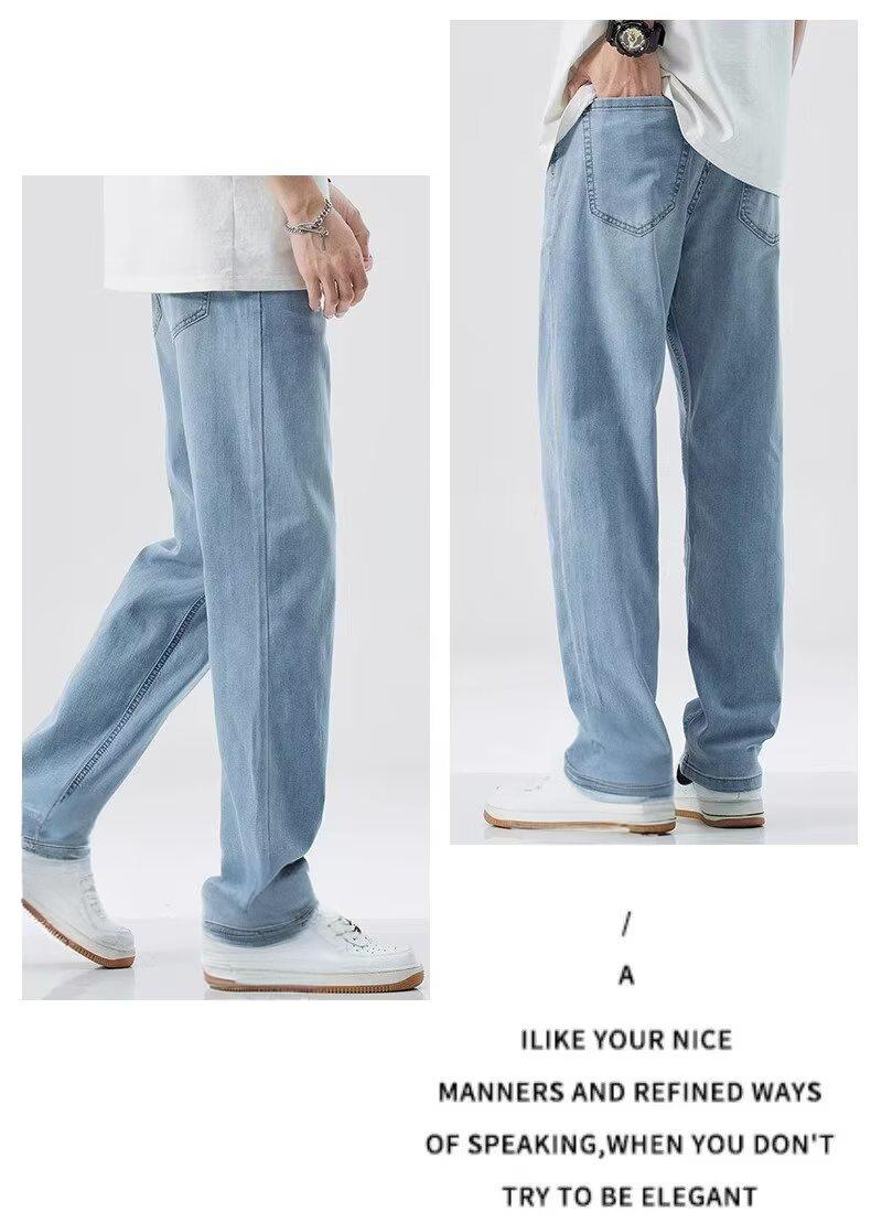 Jeans da uomo in denim elasticizzato, leggero, comodo e dritti, in seta sottile e ghiaccio - Pantaloni casual estivi, leggeri e traspiranti, a gamba dritta_voghion.com