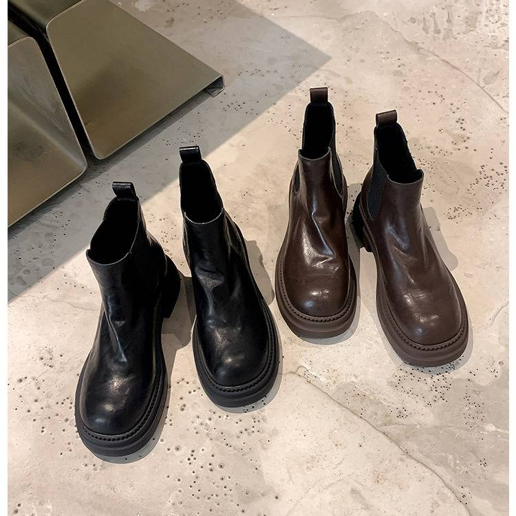 Kurze Stiefel für Damen, Vintage-Chelsea-Stiefel mit verstecktem Keilabsatz – echtes Leder, wassergewaschen, Used-Look, runde Zehenpartie, Slip-On-Design, Herbst/Winter_voghion.com