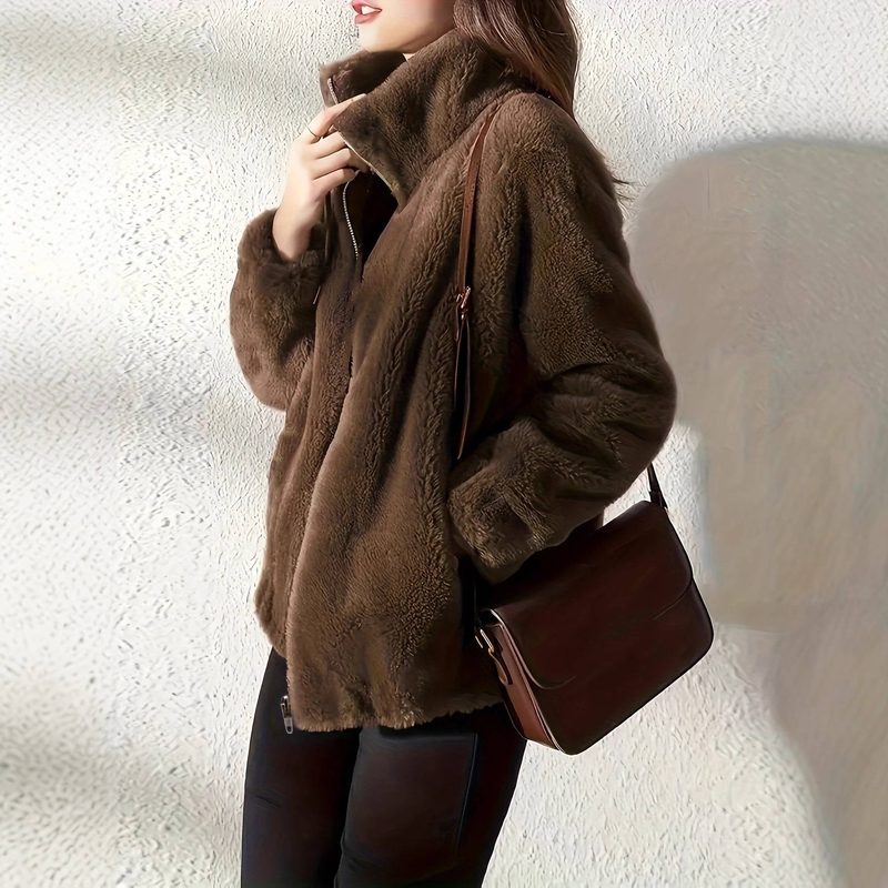 Cozy Fleece Lined Zip-Up Jacket For Women Men Oversized Winter Coat With Stand Collar & Deep Pockets, Thickened Polyester Outerwear (Dark Brown)_voghion.com