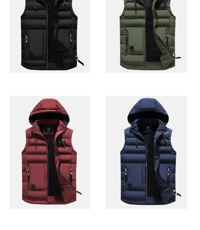 Veste sans manches matelassée d'hiver pour homme, à capuche amovible, fermeture éclair et col montant (noir, marine, olive, kaki, bordeaux)_voghion.com