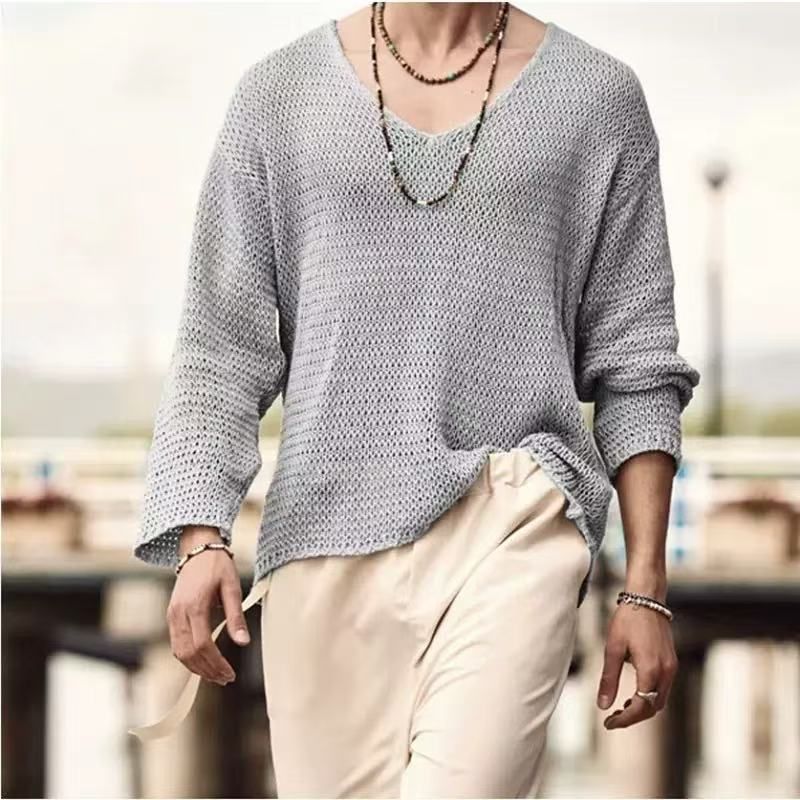 Pull d'été ample et décontracté en maille ajourée pour homme_voghion.com