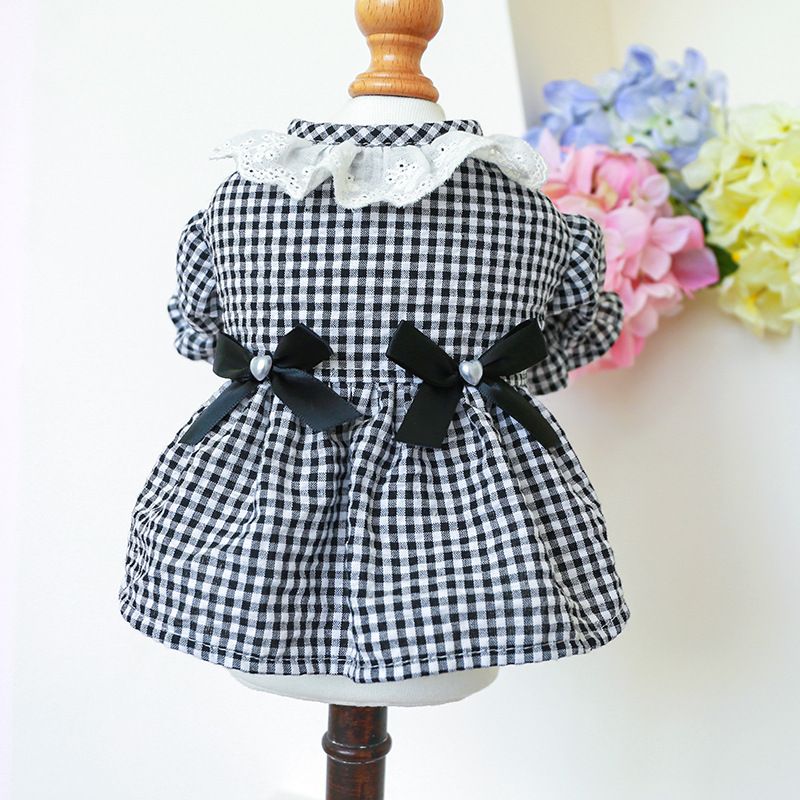 Pet Circle Dog Clothing Cat Clothes Bowknot Lace Collar Edge Black And White Plaid Princess Heart Pearl Dress_voghion.com