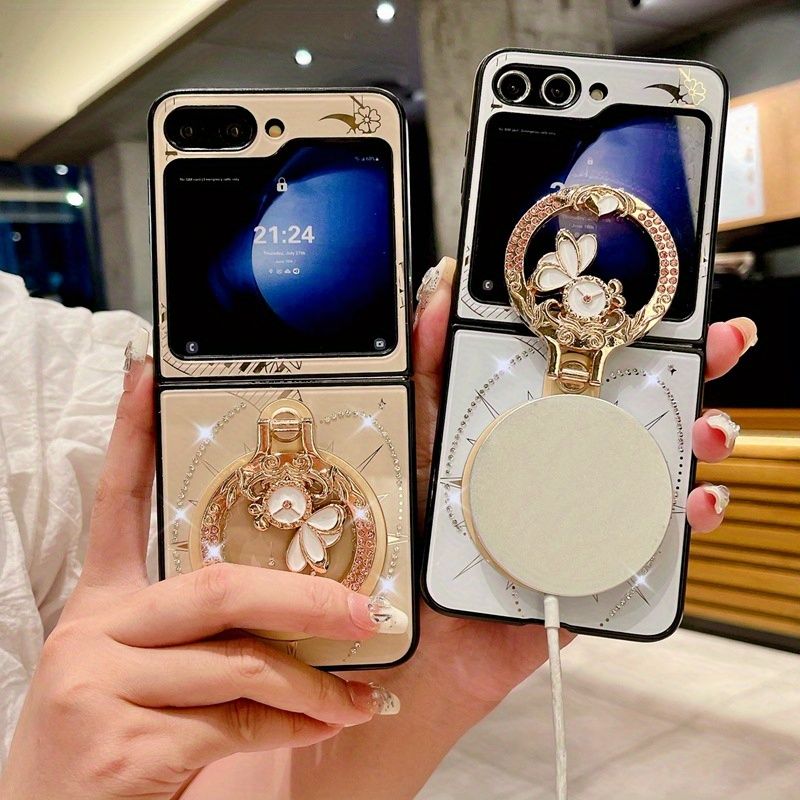 Magnetischer Kickstand Niedlich Bling Glitzer Marmor Floral Elegante Handyhülle für Samsung Galaxy Z Flip 7 6 5 4 Flip6 Flip5_voghion.com