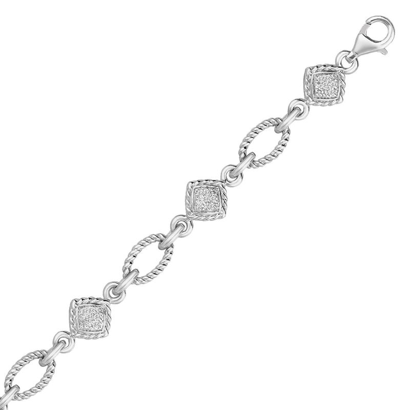Sterling Silver Cable Oval and Square Link Bracelet with Diamonds (1/4 cttw)_voghion.com