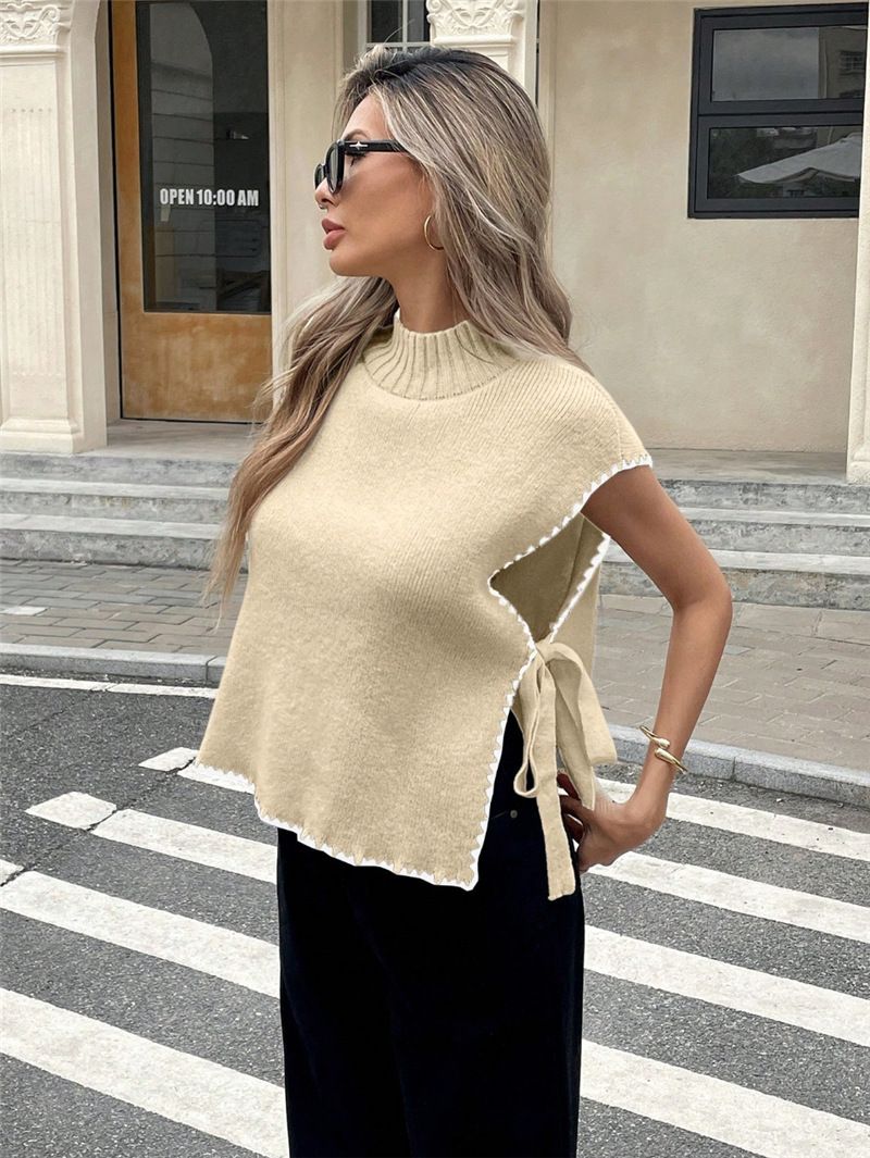 Dameskleding Dames Mouwloos Trui Vest Eenvoudig Ontwerp Contrasterende Kleur Strik Top_voghion.com