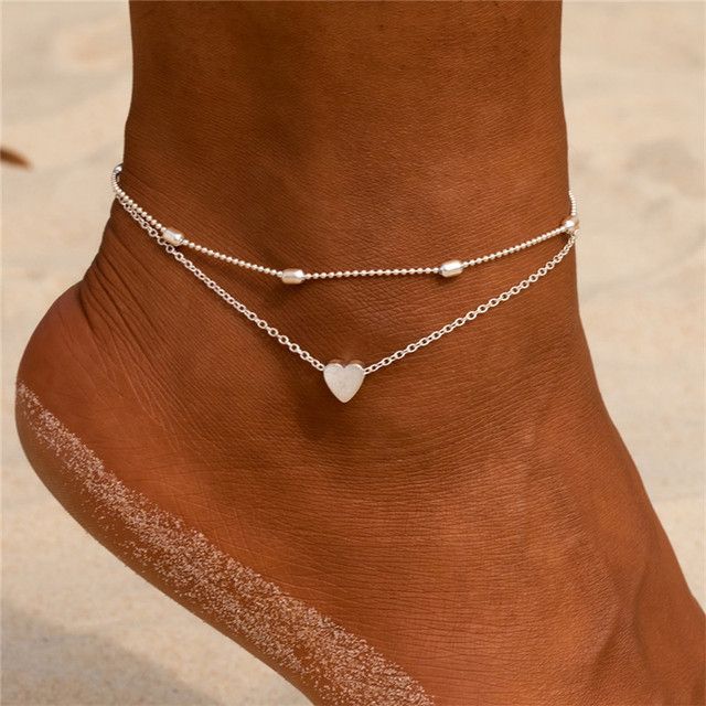 Neue Mode mit runden Perlen, mehrschichtiger Fußschmuck aus Herzlegierung für Damen, Strand-Fußkettchen-Zubehör_voghion.com