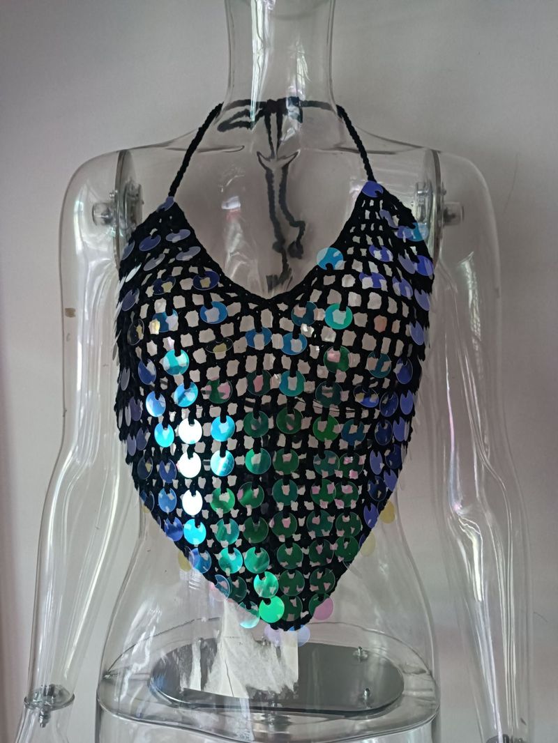 Sexy, ausgehöhltes, rückenfreies Bikinioberteil mit Perlenquasten – trendige Häkelbademode für Damen, ärmellose Strandmode mit V-Ausschnitt in mehreren Farben (S/M/L)_voghion.com