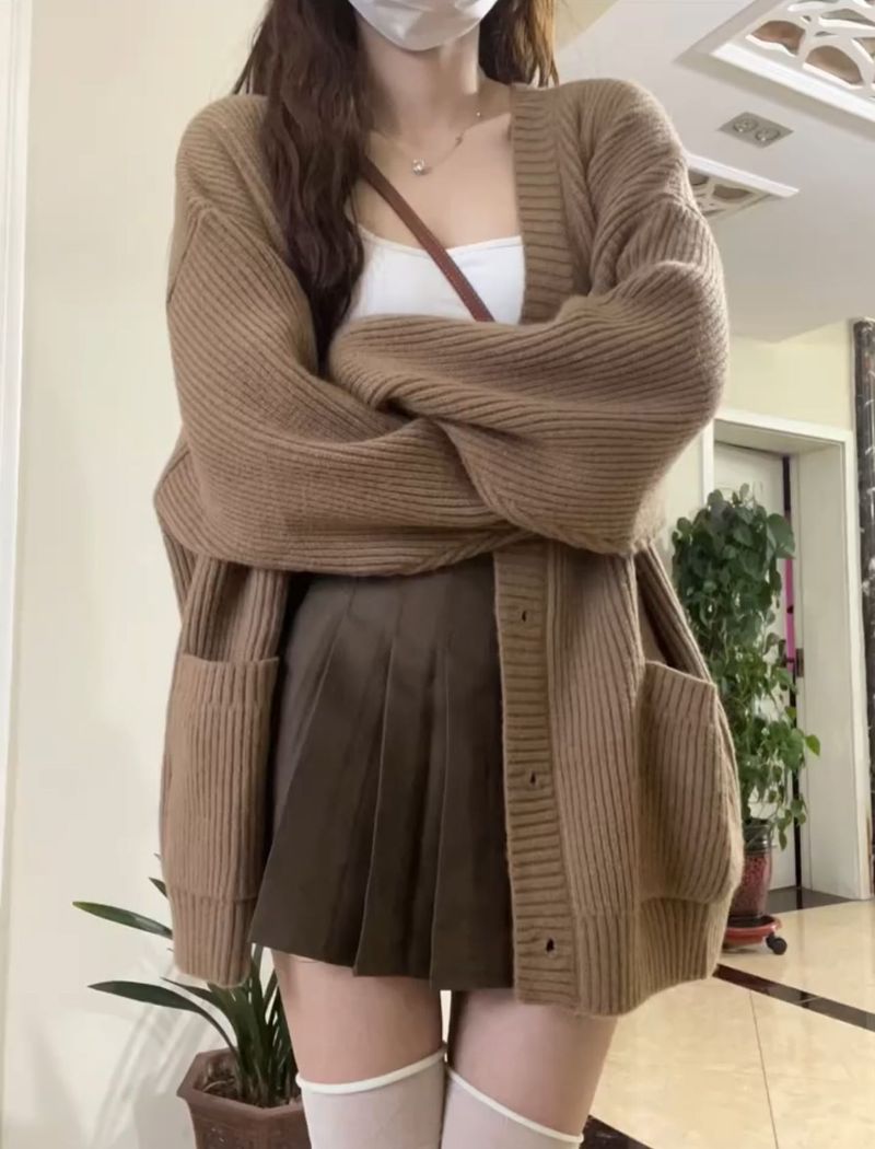 Cardigan oversize in maglia con scollo a V da donna – Maglione casual boho chic aperto sul davanti per primavera/autunno/inverno (cachi, beige, grigio, verde, nero, marrone)_voghion.com