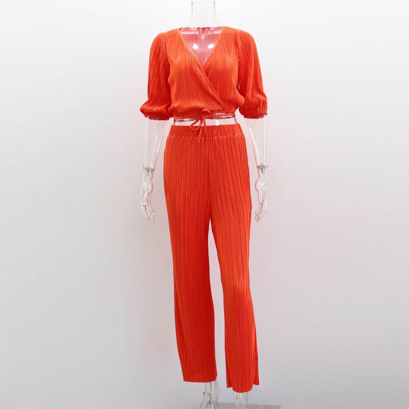 Costume pantalon droit décontracté pour femmes, nouveau Style, couleur unie plissée, manches courtes, cravate, col en v, haut pantalon, costume deux pièces_voghion.com
