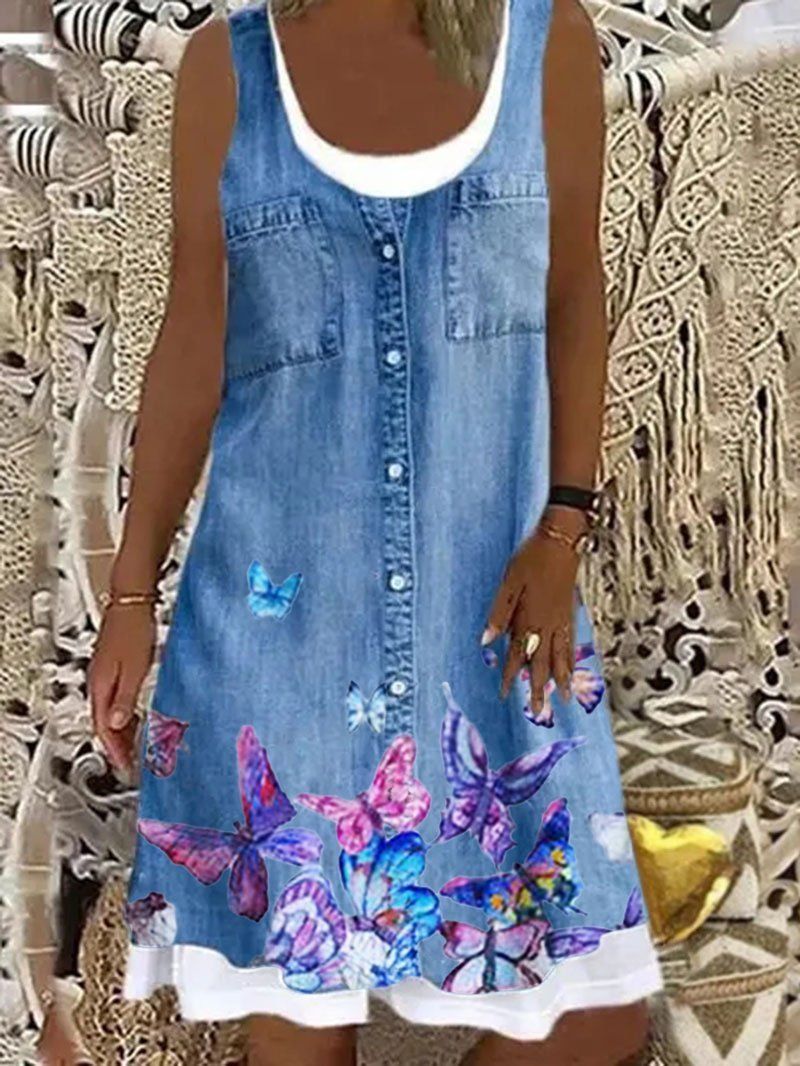 Abito casual senza maniche con scollo rotondo e stampa floreale in denim 2021_voghion.com
