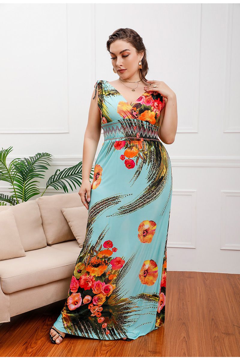 Vestido de seda de hielo con estampado de talla grande para mujer, vestido largo bohemio con escote en V y tallas grandes_voghion.com