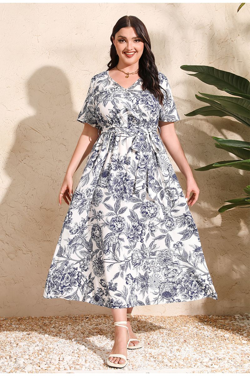 Vestido de talla grande para mujer, falda larga de manga corta con cintura elástica y flores pintadas artísticas, mm de grasa_voghion.com
