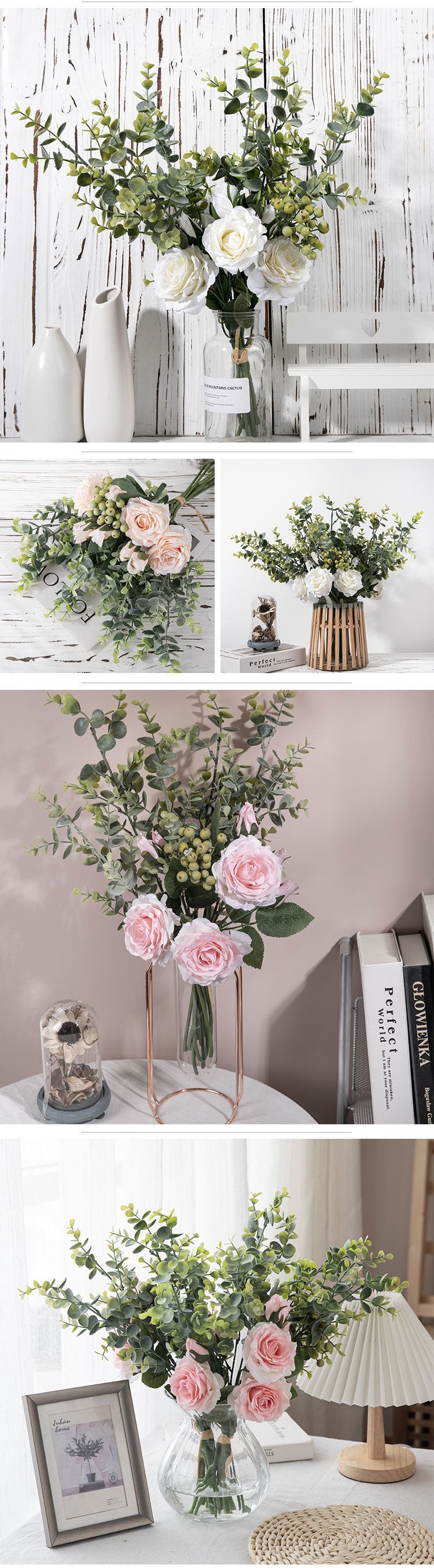 Casa e giardino Decorazione della casa Rosa Eucalipto Stile INS Fiore artificiale Produttore Bouquet da sposa Fiore artificiale_voghion.com