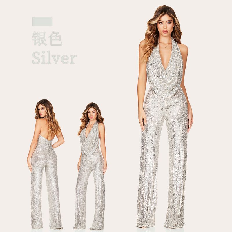 Mameluco sin mangas con escote en V profundo para mujer Spice Spice Style mameluco con cuello halter y lentejuelas_voghion.com