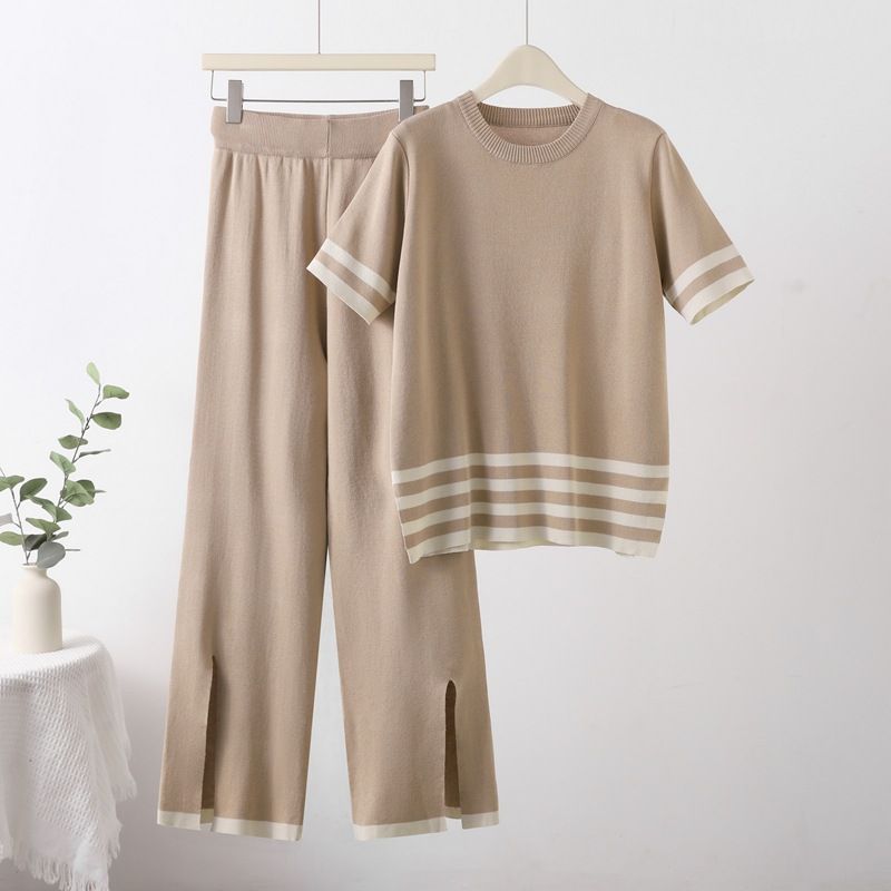 Abbigliamento da donna Temperamento Maglione a maniche corte a righe diviso Vita alta Pantaloni larghi a gamba larga Casual Completo due pezzi_voghion.com