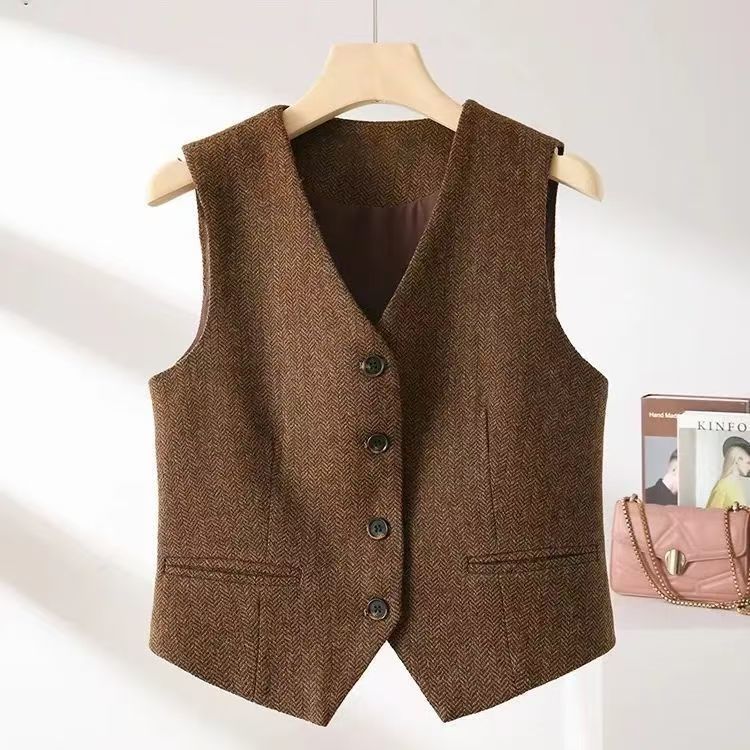 Gilet da equitazione in stile britannico per autunno inverno da donna, nuovo capospalla versatile ed elegante, in misto spina di pesce color caffè_voghion.com