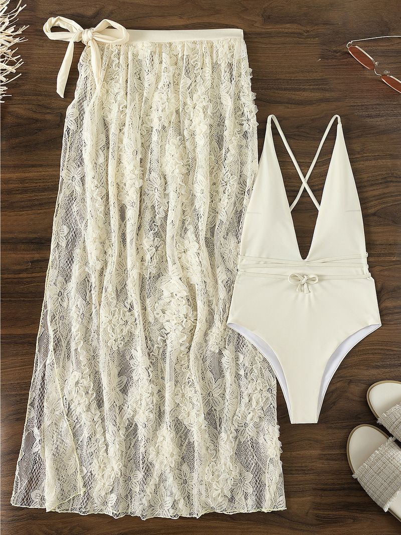 Vêtements pour femmes Robe longue de plage Bikini en dentelle avec décolleté en V profond et bretelles dans le dos Maillot de bain une pièce sexy pour femmes_voghion.com