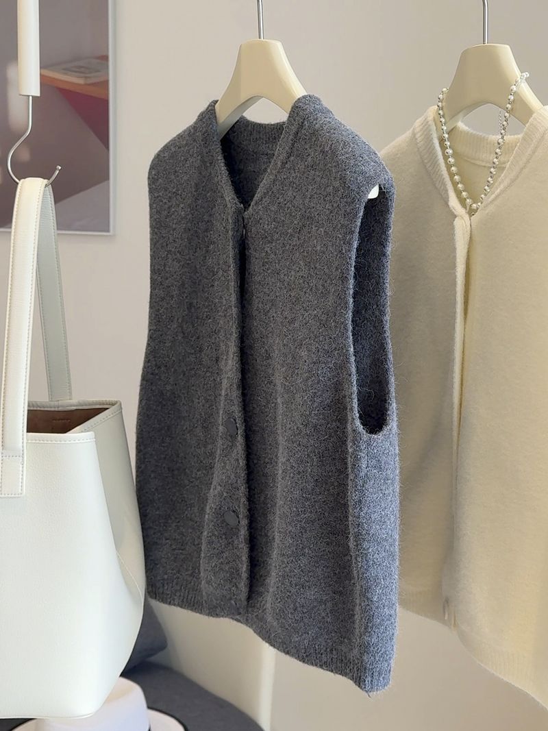 Single-Breasted Knitted Vest For Women, Autumn And Winter New Loose Slimming Soft Sweater, Layered Outerwear, Sleeveless_voghion.com