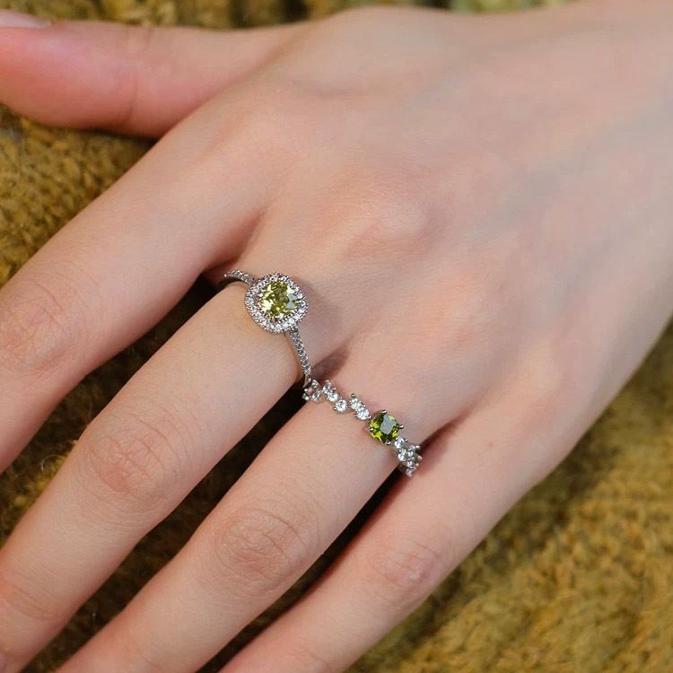 Tiqi French Olive Green Square For Women S Pure Silver Palace Style Diamond Sparkling Zirconia Stacked Finger Ring_voghion.com