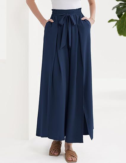 Calça Palazzo Feminina Leve, Casual, de Cintura Alta, com Bolsos e Fenda - Calça Larga e Flutuante para o Verão_voghion.com