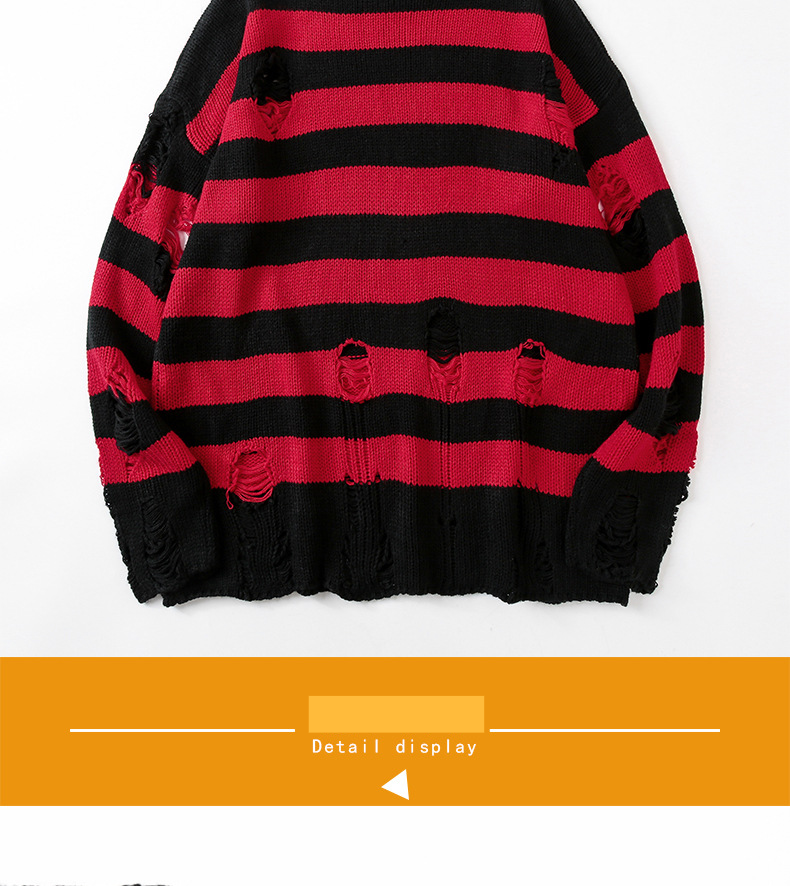 Y2K Men's Striped Sweaters Washed Destroyed Ripped Sweater Men Hole Knit Jumpers Men Oversized Sweater Harajuku_voghion.com