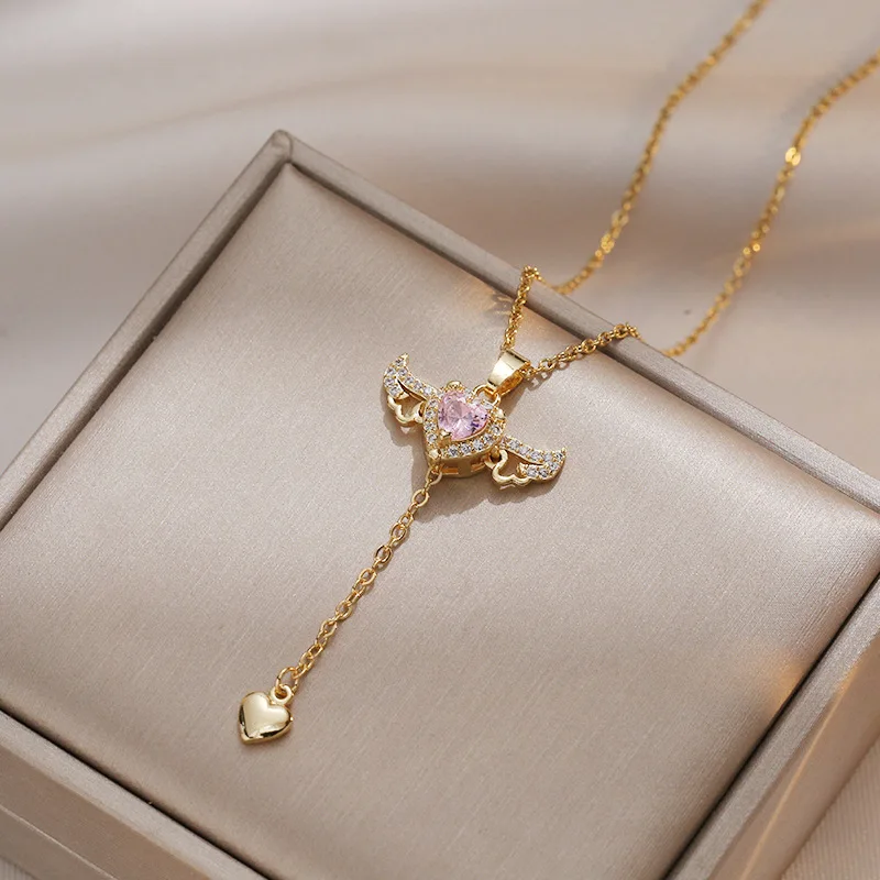 Edelstahl Gold Farbe Amor Engel Flügel Anhänger Halskette Für Frauen Mädchen Schlüsselbein Kette Party Schmuck Geschenk_voghion.com